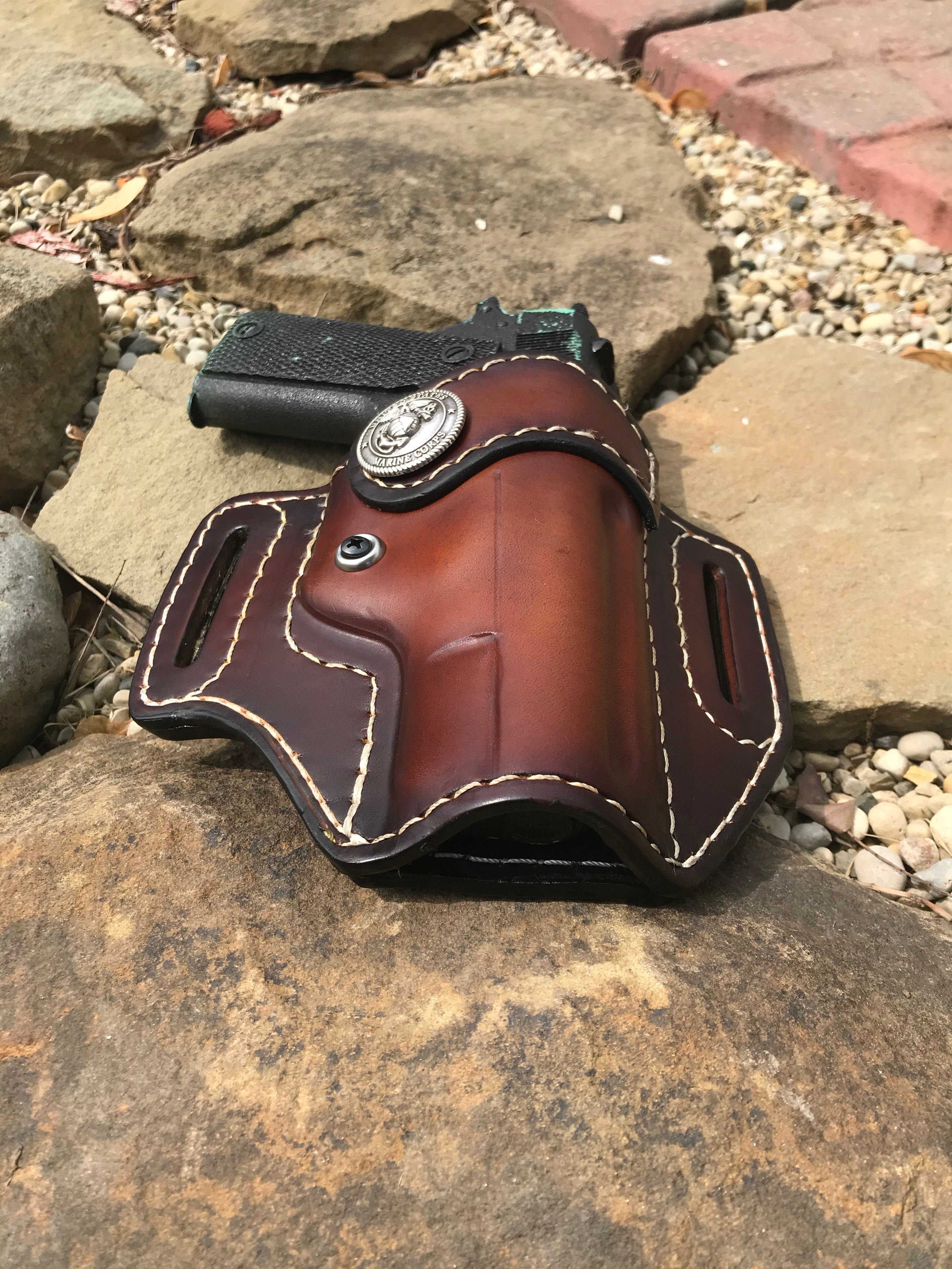 MARINES Emblem Style Locking Leather Holster OWB -BROWN - Black Swamp Leather Company