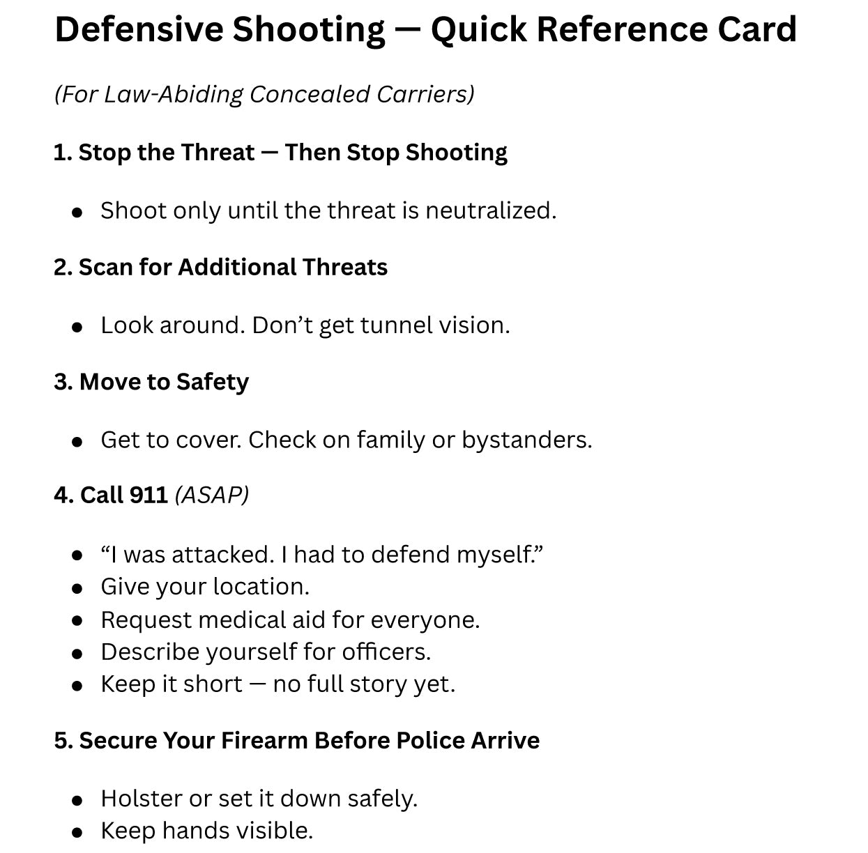 Defensive Shooting Quick Reference Guide