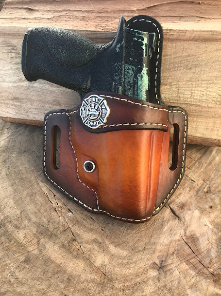 FIRE DEPARTMENT Emblem Style Retention Leather Holster OWB