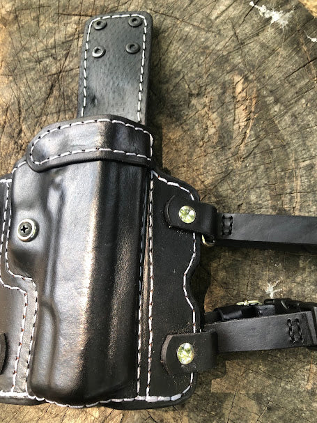 Drop Leg Holster Double Stitched -Black With White Thread- Specifically for a 5" 1911