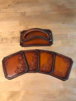 Hand Tooled Drink Coaster Set Of 4/ Brown
