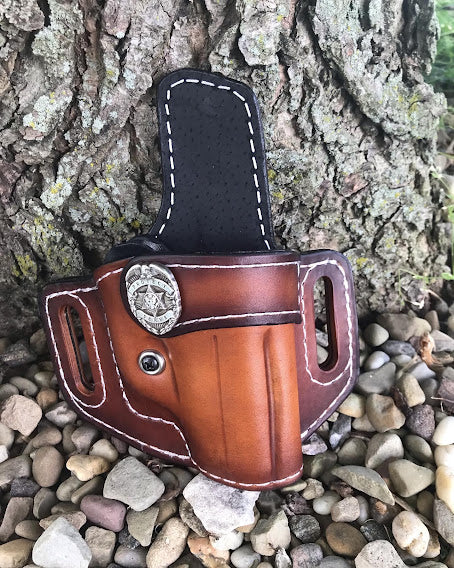 POLICE Emblem Style Retention Leather Holster OWB -BROWN (Locking Leather) - Black Swamp Leather Company