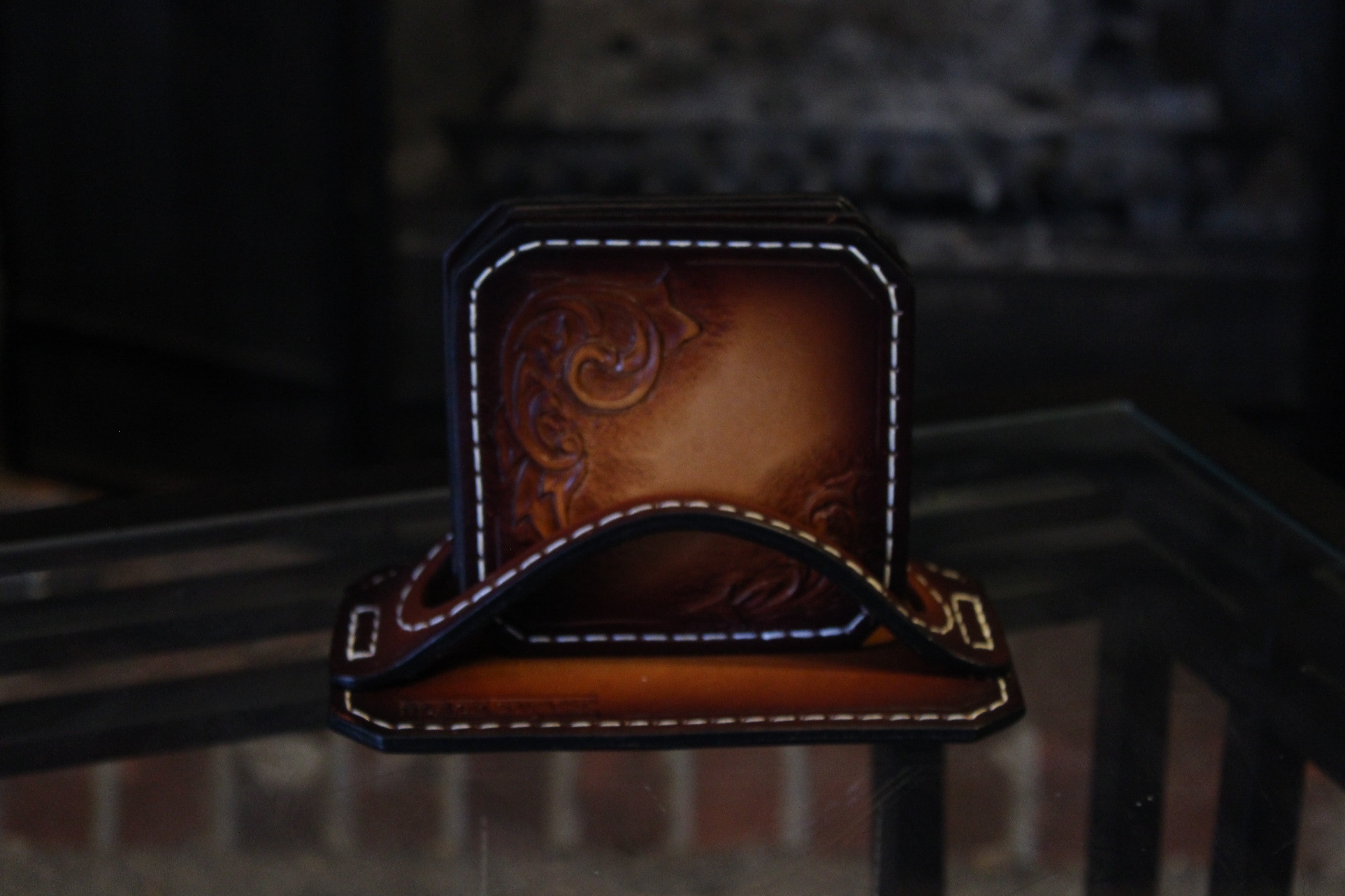 Hand Tooled Drink Coaster Set Of 4/ Brown - Black Swamp Leather Company