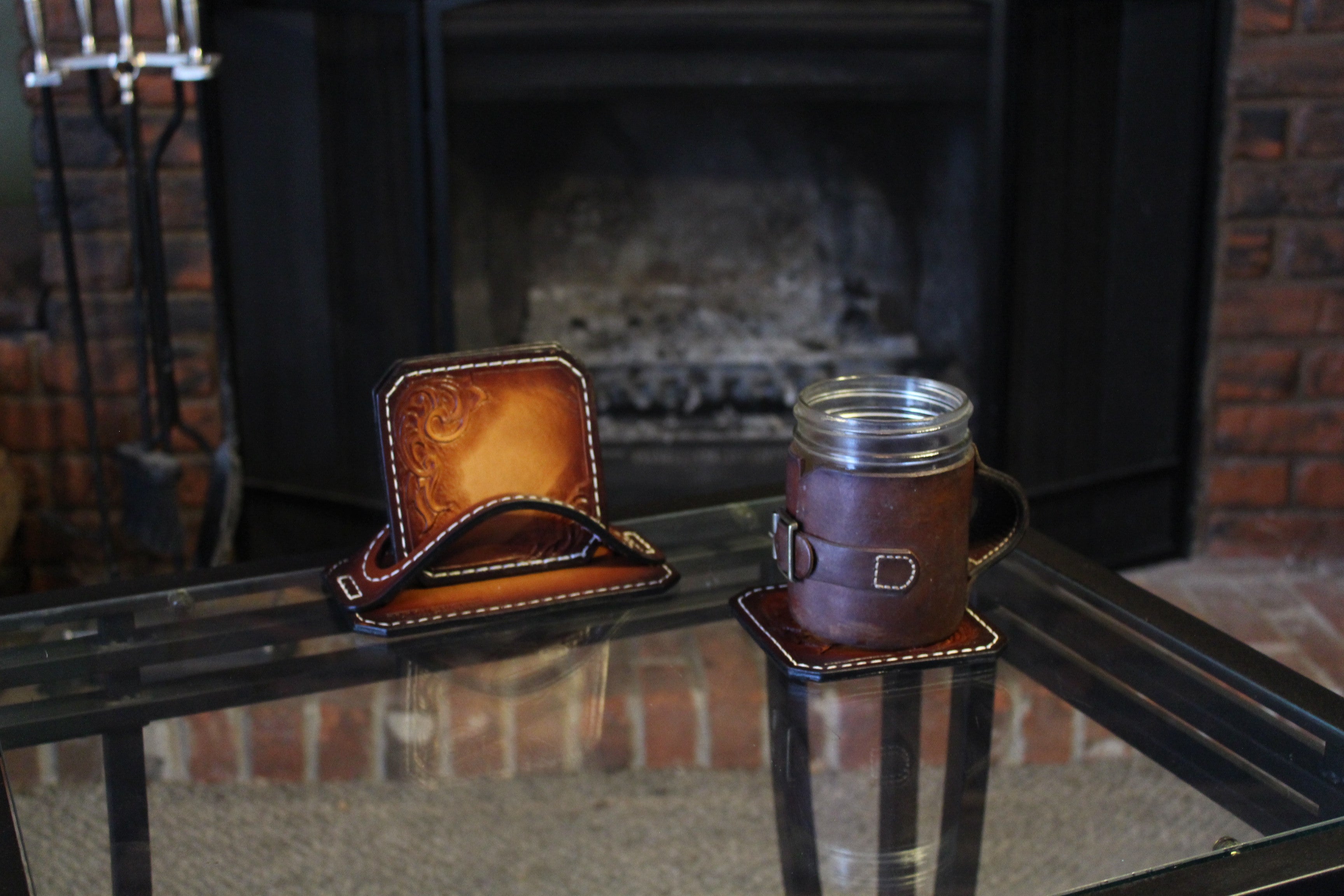 Hand Tooled Drink Coaster Set Of 4/ Brown - Black Swamp Leather Company