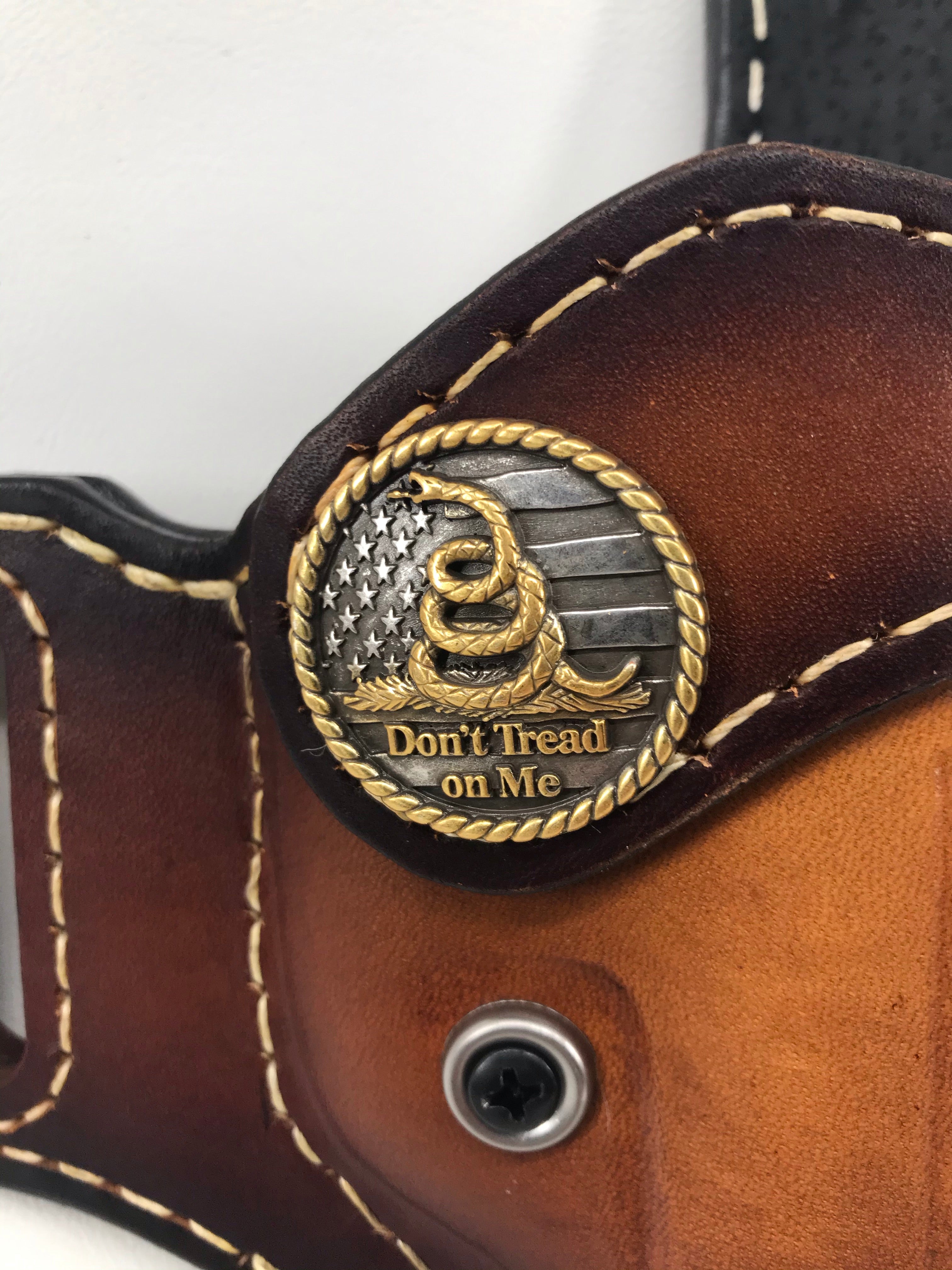 DONT TREAD ON ME Emblem Style Retention Leather Holster OWB -BROWN (Locking Leather) - Black Swamp Leather Company